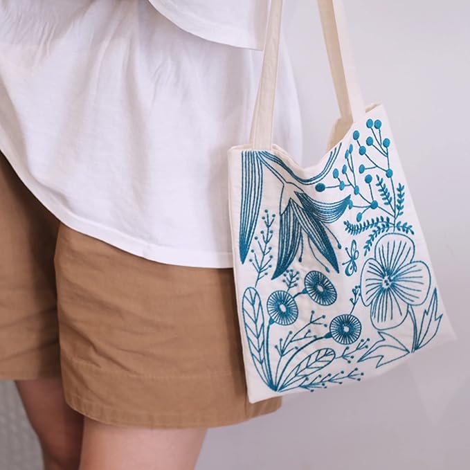 smart-feather flower embroidery kit tote bag, hand embroidery kit for adults beginner with embroidery patterns, embroidery hoop,diy sewing kit