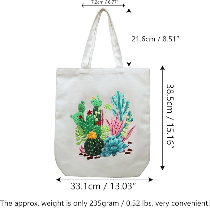 CREAWONDER Canvas Tote Bag Embroidery Kit with Pattern for Beginners, Arts and DIY Embroidery Crafts Kits for Adults, Include Instructions, Thimble, Embroidery Hoops, Color Threads and Tool