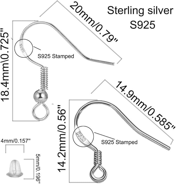 s925 sterling silver earring hooks - 8pcs/4 pairs hypoallergenic 18k gold plated ear wires fish hooks for jewelry making, jewelry findings parts with rubber earring backs stopper for diy jewelry