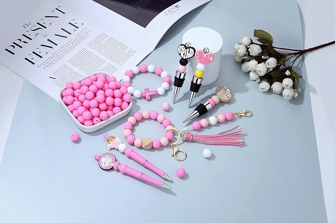 MAIBAOTA 120 Pcs Pink Silicone Beads (15 mm) for Keychain, Pens, Bracelet, Necklace Making - Bulk Pack with Boxed Kits