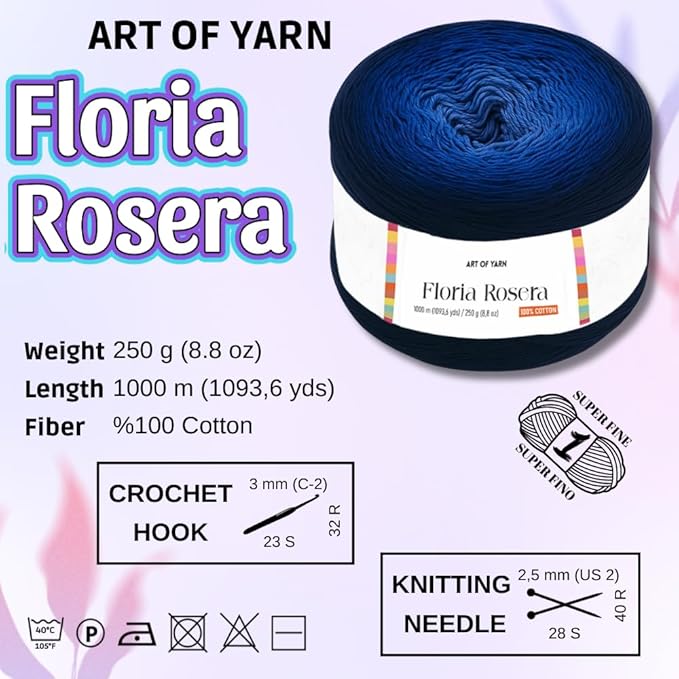 Floria Rosera Ombre 100% Cotton 250g (8.80oz) 1094 Yards Fine 1 Vibrant Multicolor Rainbow for Crochet Knitting Amigurumi Crafts Ideal for Spring Summer Projects Thick Soft