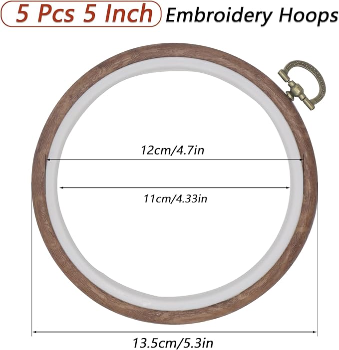 joyangy 5 pcs 5 inch embroidery hoops, round imitated wood cross stitch hoop rings for art craft sewing, circle display frame kits for embroidery handy diy ornaments decoration