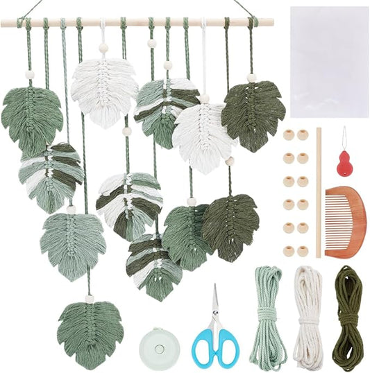 FREEBLOSS DIY Macrame Leaf Wall Hanging Beginners Macrame Kit Leaf Woven Tapestry Feather Wall Hanging 4 Green Colors Cotton Cord DIY Hanging Ornament Kit for Adults Birthday Gift