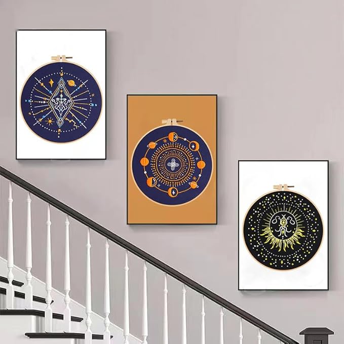 konrisa 3 pcs stamped embroidery starter kit for adults beginners, universe planet pattern cross stitch kits, diy sewing practice kit, needlepoint kits include 1pcs hoops, hanging decoration for home