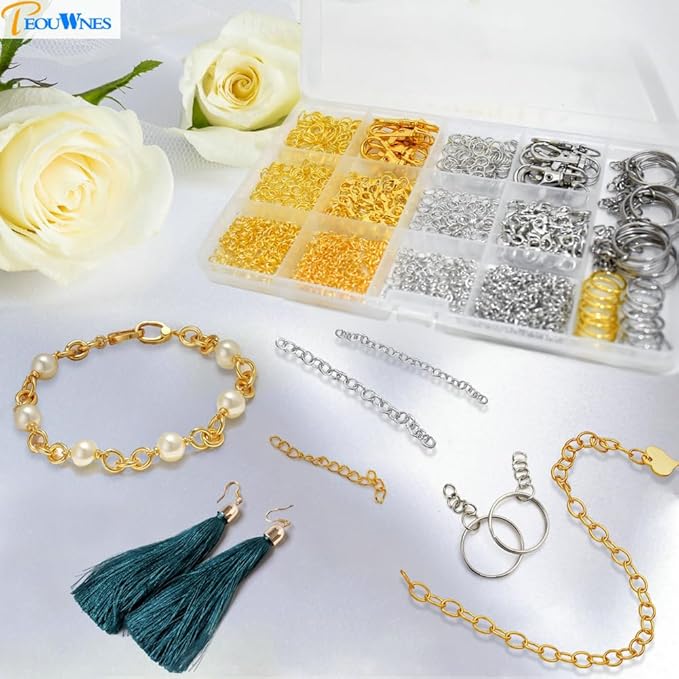 968pcs Jump Rings for Jewelry Making Kit, PEOUWNES Gold & Silver Keychain Rings with Lobster Clasps, DIY Bracelet Necklace Charms Supplies (Multi-Use Craft Set)
