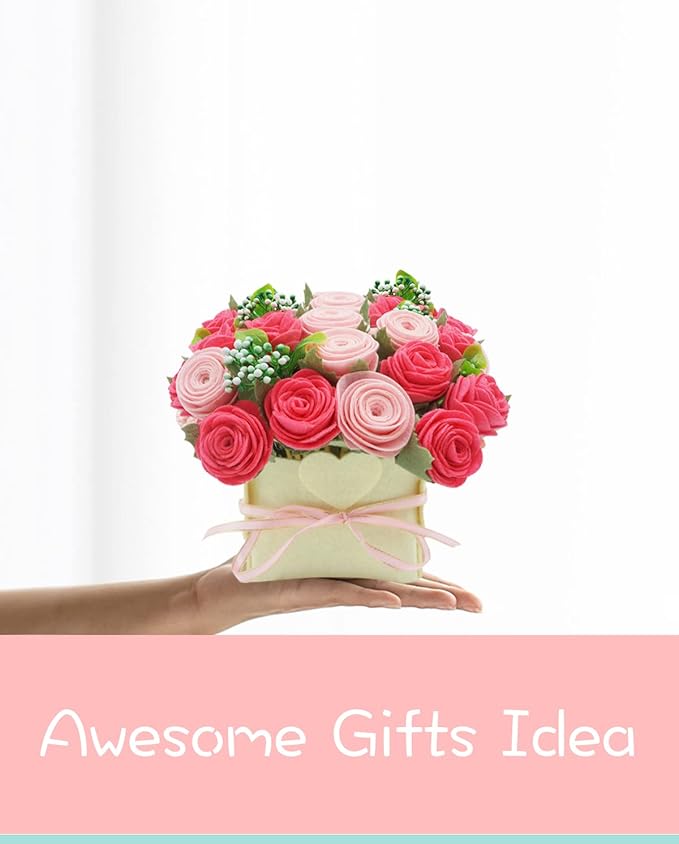 BAZIMA ALICE DIY Felt Flower Kit - Pink Rose Bouquet Kit, Floral Gifts - Arrange Pre-Cut Flowers and Foliage