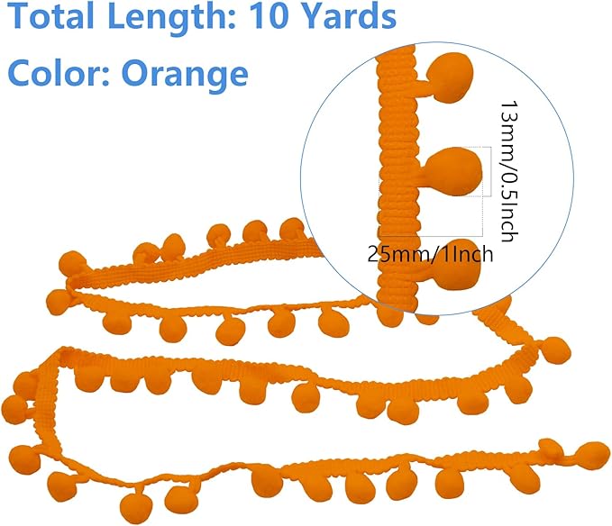 Homiest 10 Yards Pom Pom Trim for Sewing, 1 Inch Wide Orange Ribbon Bundles Textured Fabric Fringe Ribbon, 13mm Ball Pompom Trim for DIY Crafts Curtain Clothes Pillow Home Decoration