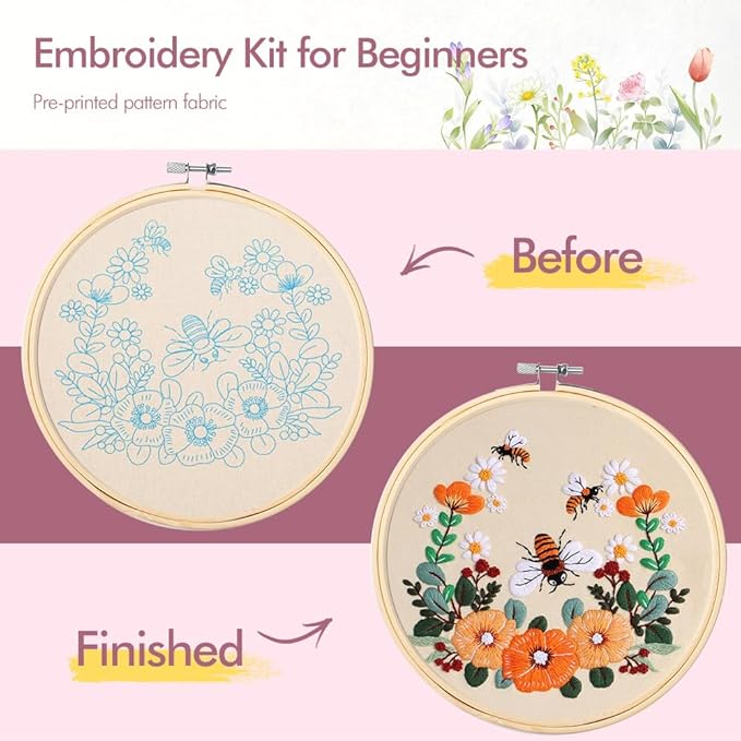 wtisan embroidery kit for adults, 4 sets cross stitch kits for adults with stamped flower pattern and easy instruction, embroidery kits with embroidery hoop and color threads