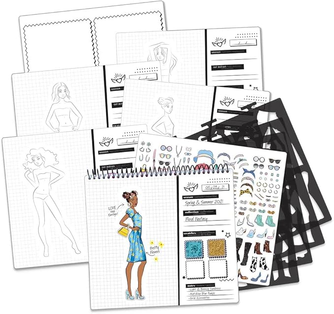 Fashion Angels Fashion Runway Design Portfolio Book, Includes 35 Sketch Sheets with 4 Stencil Pages & 150+ Stickers, Ideal for Kids Ages 8 & Up