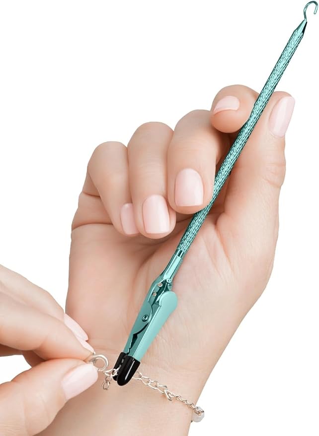 Bracelet Helper Tool with Hook - Fastener Helper Tool for Bracelet, Necklace, Jewelry, Watch - Clip, Clasp Helper - Portable, Easy-to-Use, Made of Metal - Teal
