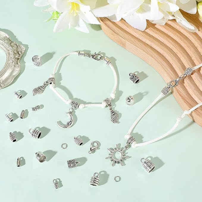 SUNNYCLUE 1 Box 230pcs Silver Cord End Kumihimo Bracelet Ends Antique Silver Alloy Metal Glue In Crimp Tassel Leather Cord String End Caps with Lobtser Clasp And Jump Ring for Jewelry Making Kit Craft