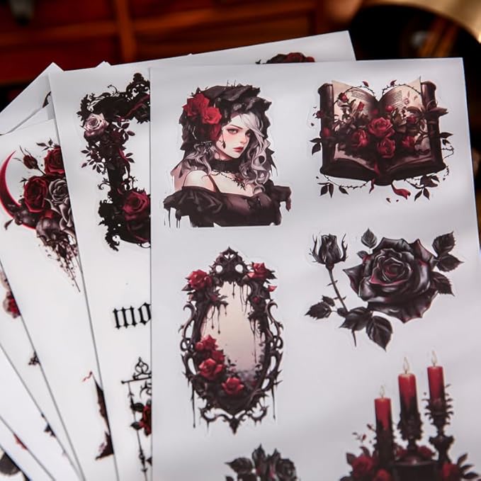 Pre-Cut Gothic and Vintage Sticker Book Set, 40 Pages of Dark Rose and Urban Street Ephemera for Scrapbooking, Journaling, DIY Crafting, and Art Supplies