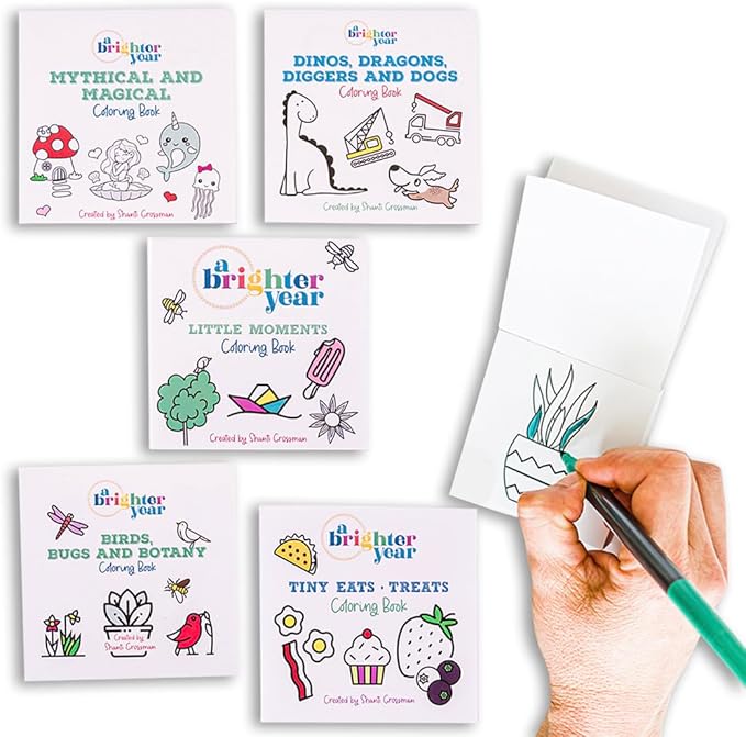 A Brighter Year The Original Adult Mini Coloring Book - 5-Piece Variety Pack - 3” x 3” Pocket Size, 50 Pages, Lay Flat Binding, Thick Paper - No Bleeding - Stress & Anxiety Relief - Relaxation, Gift