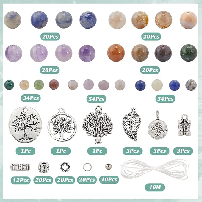 SUNNYCLUE 1 Box 310Pcs DIY 3 Sets Bracelet Making Kits Tree of Life Charms,Leaf Charm Natural Gemstone Multi Layered Boho Bracelets Stone Beads for Jewelry Making Kits Crafts Gift Adults Supplies