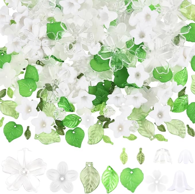 SUNNYCLUE 1 Box 500Pcs Flower Beads White Acrylic Floral Beads Kit Small Cute Green Leaf Spring Themed Lily Cherry Blossom Caps Loose Spacer for Jewelry Making Crafts Necklace Bracelets DIY Supplies