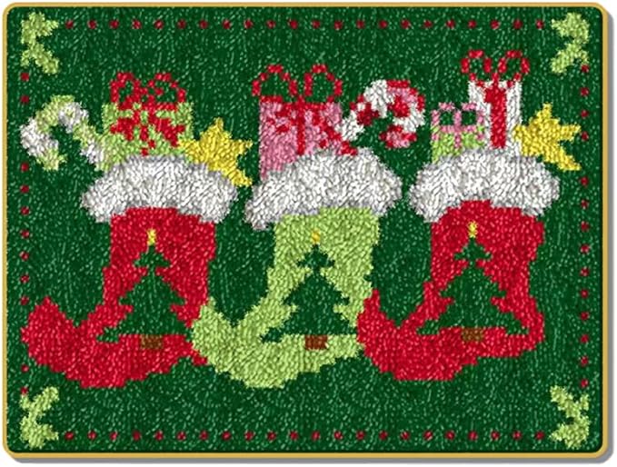 Howie's Latch Hook Kits for Adults, DIY Christmas Latch Hook Kit Rug Crochet Yarn, Color Preprinted Pattern Embroidery Decoration(Christmas Stocking Gift, 20.47 x 14.96 inch)