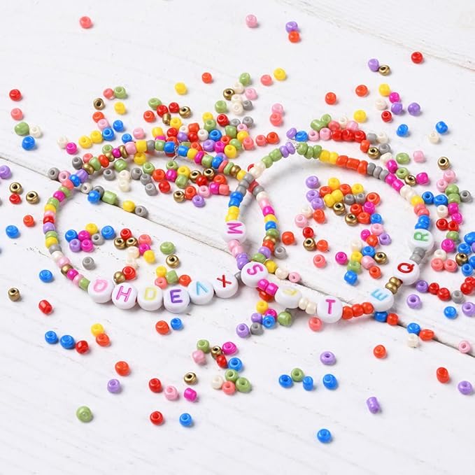 3370 Pcs 3mm Glass Seed Beads Bracelet Making Kit, Small Beads Friendship Jewelry Craft Kit with Letter Beads & Elastic Cord, DIY Art Craft Gift for Girls