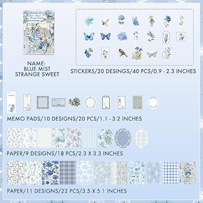 OKUPAN Scrapbook Supplies Kit – 100Pcs Vintage Floral Scrapbook Paper & Junk Journal Stickers, Journaling Supplies for Bullet Journaling, Retro Crafts, Mixed Media, Planner, Collage Card Album (Blue)