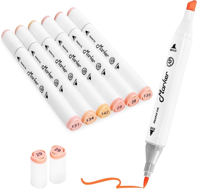 Skin Tone Alcohol Markers, 6 Pack Dual Tips Soft Fine Tip and Broad Tip Permanent Art Marker for Artists Adults Coloring Drawing Illustration Sketching Painting (Skin Tone)