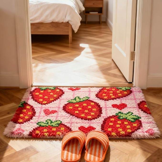 ORIGACH Strawberry Latch Hook Rug Kit for Adults Printed Rug Making Kit Handmade Carpet Tapestry Cover with Hook Latch and Preprinted Canvas, Home Arts Crafts Sofa Decor, 20.5x15inch