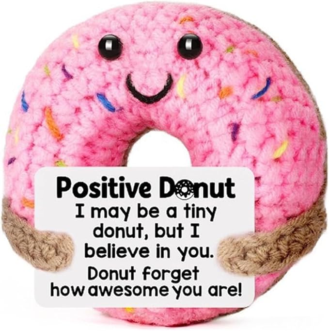 Handmade Crochet Positive Donut Plush Doll - Cute Knitted Sweet Treat Stuffed Toy with Inspirational Quote Card, Unique Encouragement Gift for Friends, Family, Self-Care