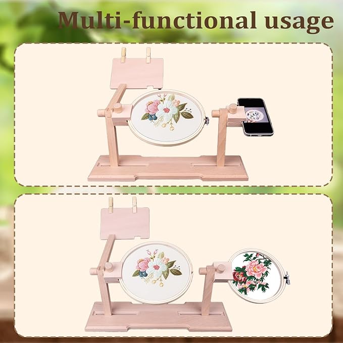 adjustable embroidery hoop stand,embroidery kit with 4pcs different size embroidery hoops,1 embroidery tool kit,1 pair of thimbles,wooden embroidery hoop holder for beginners.