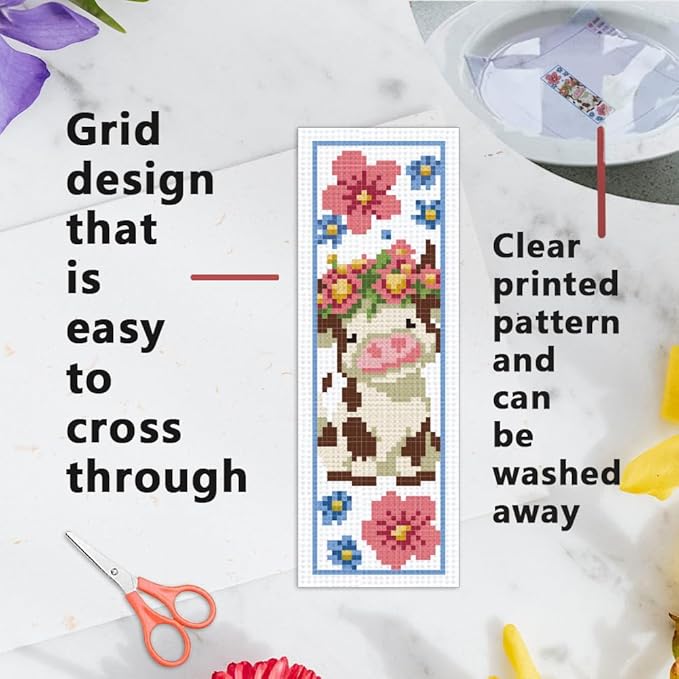 INFUNLY 6PCS DIY Cartoon Animal Cross Stitch Bookmark Kits 8.66"×3.15" Cute Bear Cow Stamped Embroidery Kits with Instructions Plant Flowers Needlepoint Bookmark Kits for Book Lovers Readers Writers
