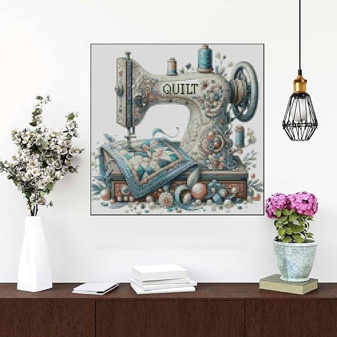 sewing machine stamped cross stitch kits - vintage sewing machine counted cross stitch kits for adults, needlepoint cross-stitch patterns dimensions needlecrafts embroidery kits 13.7x13.7 inches