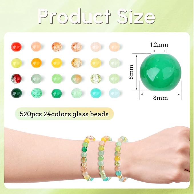 DUQGUHO 8mm Red Yellow and Green Beads for Bracelets Glass Beads for Jewelry Making 24 Colors Round Beads Bulk 520PCS