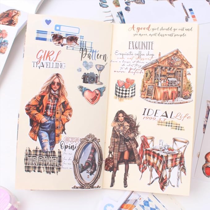 Dwpetzo Classic Plaid Pe-Cut Journaling Sticker Book for Women, PET, Washi, and Craft Paper Stickers for Junk Journal Supplies, Scrapbooking, Planner, Bujo, Collage, 20 Sheets, A5 Size