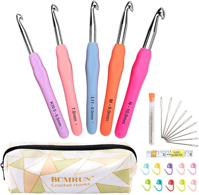 Large Crochet Hooks, BCMRUN Size 6.5mm(K)-10.0mm(P) Crochet Hooks Knitting Needles Set Ergonomic Grip Soft Handles Crochet Hook,Large-Eye Blunt Needles,Stitch Marker, Tape Measure in Case