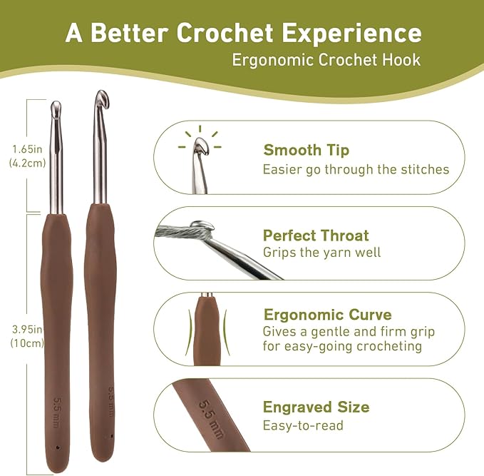 5.5mm Crochet Hook, Supers Smooth 5.5 mm Ergonomic Crochet Hooks for Beginner, Comfort for Arthritic, 1 Pack