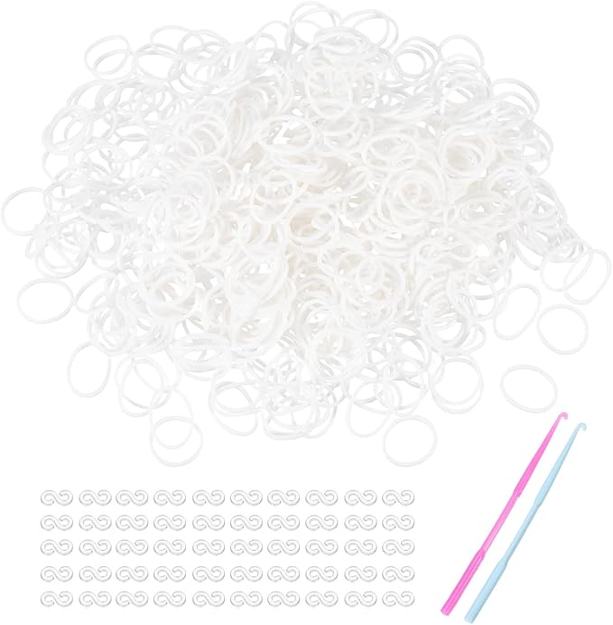 MECCANIXITY 1200 Pcs Loom Rubber Bands Kit with 50 Pcs S-Clips 2-Hooks Rubber Bands Refill Bracelet Making Kits for Weaving DIY Handcrafts Gift, White