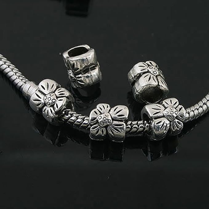 RUBYCA 50pcs Tibetan Silver Tone Spacer Beads Fit European Charms Bracelet Five-Leafs Flower Design