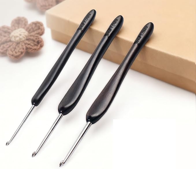 Yarniss Artisan Stainless Steel Crochet Hooks Set 3.0mm,4.0mm,5.0mm,Hand-Polished Crochet Needle with Ebony Handle for Beginners,Gift for Crocheter