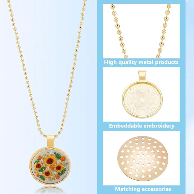FREEBLOSS 12 Set Round Bezel Pendant Trays Necklace Pendant Blank Frame for Embroidery Round Pendant Tray Charm DIY Jewelry Making Kit for Necklace DIY Embroidery Necklace Needlepoint