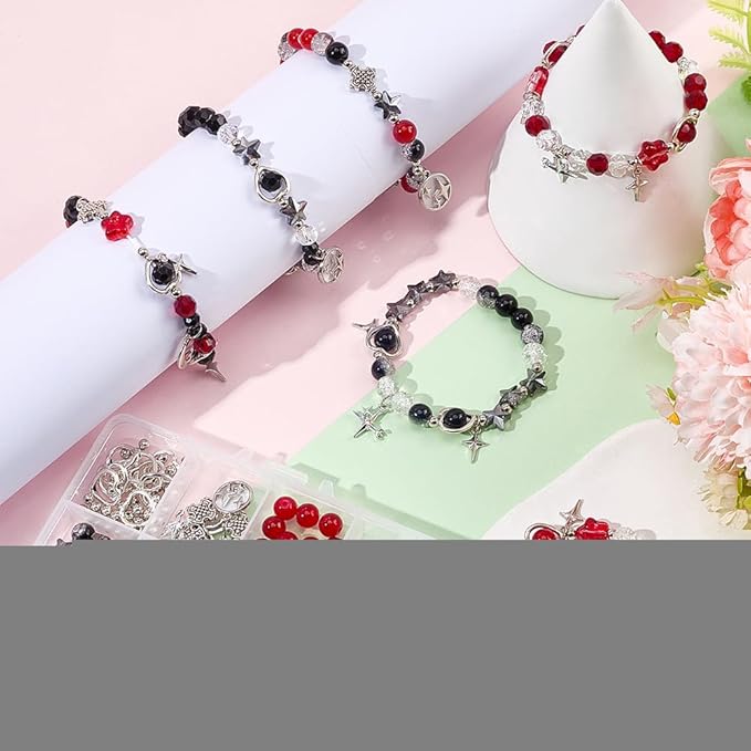 SUNNYCLUE 1 Box DIY 6 Sets Halloween Bracelets Kits Moon Star Charms Alloy Gothic Tibetan Style Black Red White Heart Stars Moon Charms for Jewelry Making Kits Women Festival Christmas Supplies DIY