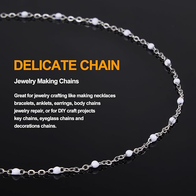 5 Meters Long Stainless Steel Silver Chains for Jewelry Making White Beaded Decorative Jewelry Bulk Small Enamel Chain Spool with Connectors for Women Men DIY Crafts