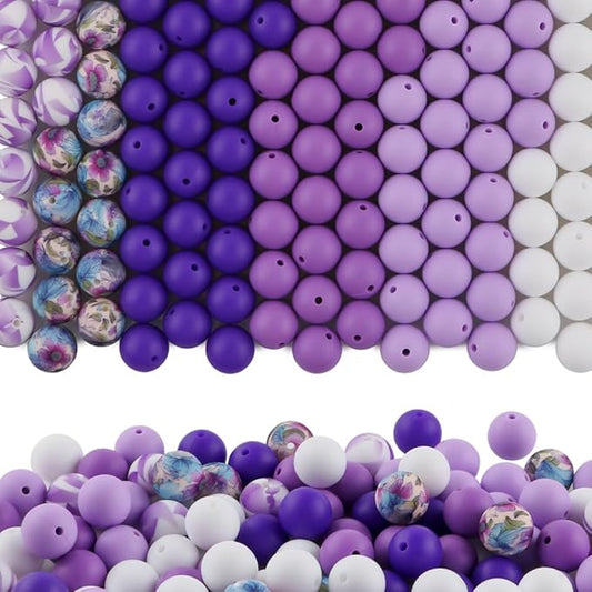 150Pcs Mixed Color 15mm Silicone Beads for Keychain Making, White Purple Print Silicone Beads for Pens and Bracelet Jewelry Making