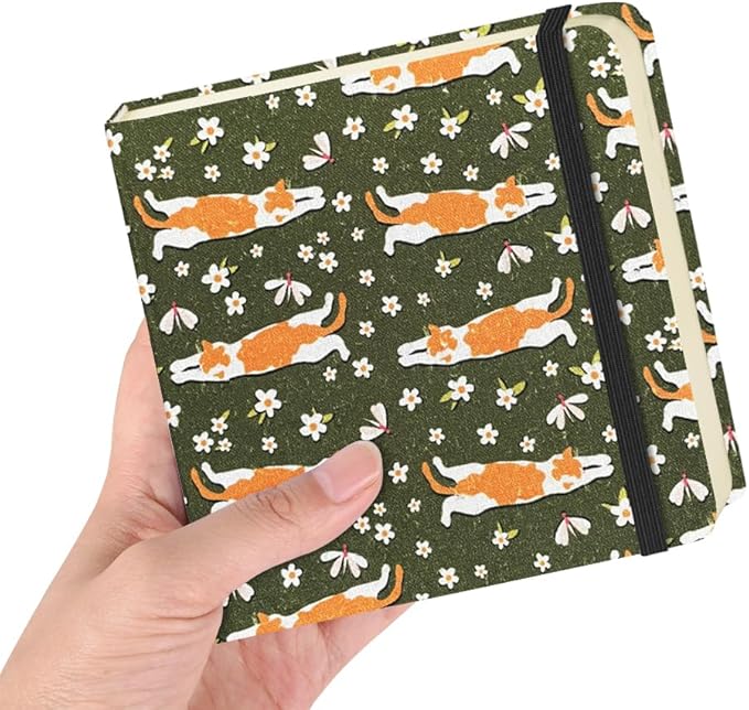 Square 4.8x4.8 inches 80gsm 96sheets/192 Pages Notebooks Blank Sketchbooks Travel Journal Pocket Hardcover Paint Writing Diary Memo Planner Cloth Cover. Lying Cat