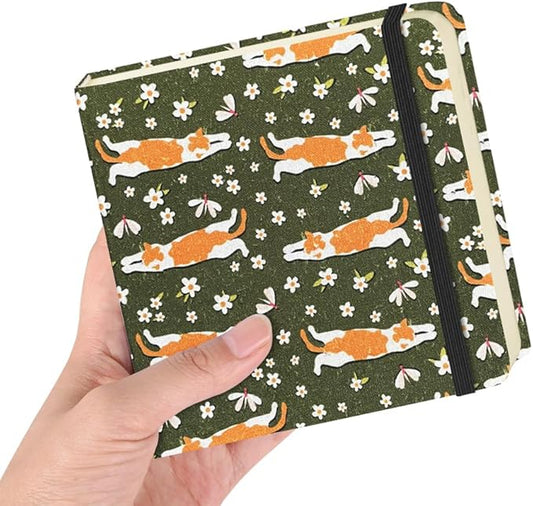Square 4.8x4.8 inches 80gsm 96sheets/192 Pages Notebooks Blank Sketchbooks Travel Journal Pocket Hardcover Paint Writing Diary Memo Planner Cloth Cover. Lying Cat