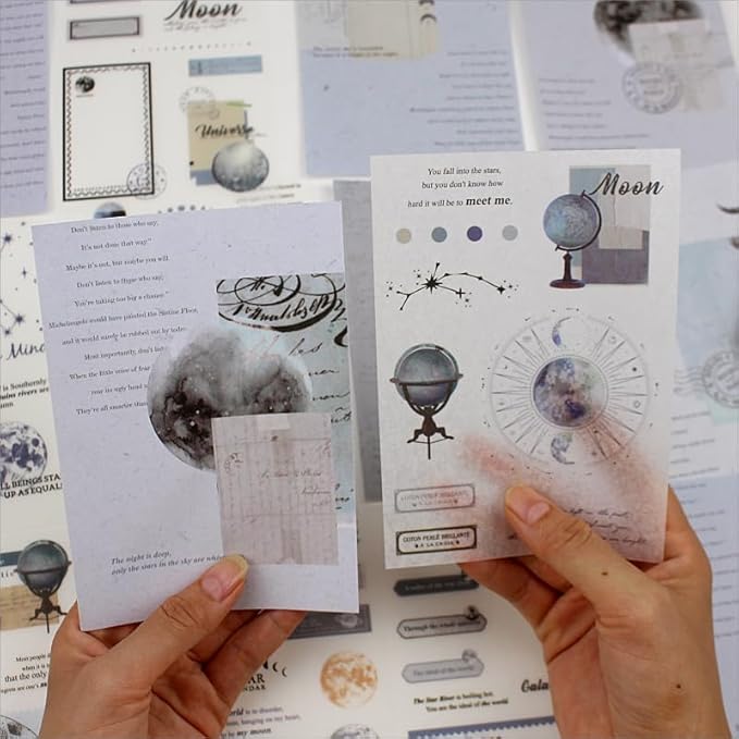 40 Sheets Vintage Washi Stickers Book for Adults, Scrapbook Ephemera with 180pcs Moon Stickers and 20 Adhesive Scrapbooking Papers, Bullet Junk Journaling Supplies
