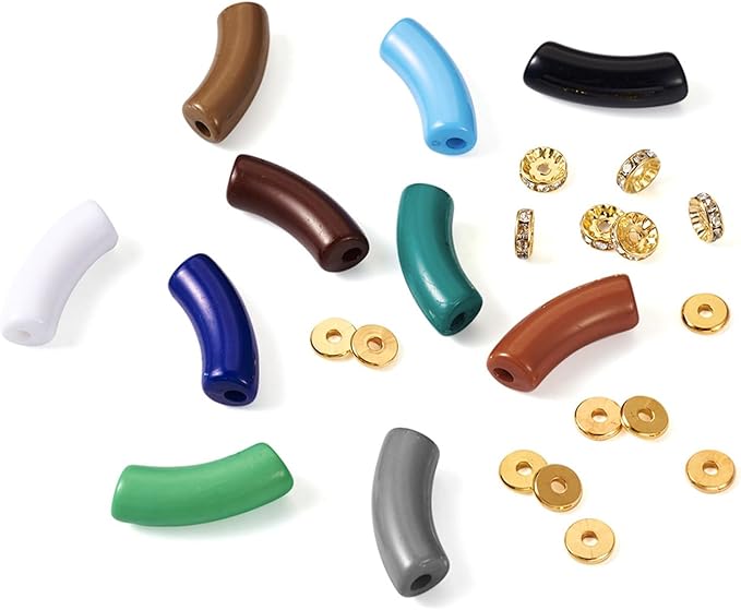 60Pcs Acrylic Chunky Tube Beads with Brass Rhinestone Spacer Beads & Elastic Crystal Thread, 10 Colors Opaque Curved Tube Beads for Bamboo Bangles Bracelet Jewelry Making