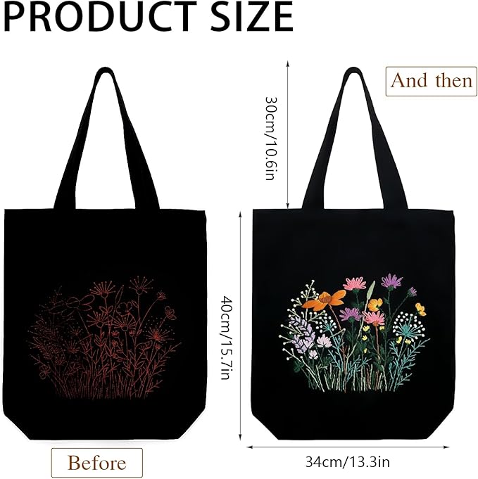 Canvas Tote Bag Embroidery Kit with Pattern, Beginner Embroidery Kits for Adults, Arts and DIY Crafts Embroidery Starter kit, Include Stamped Embroidery Bag, Embroidery Hoops, Color Threads and Tool.