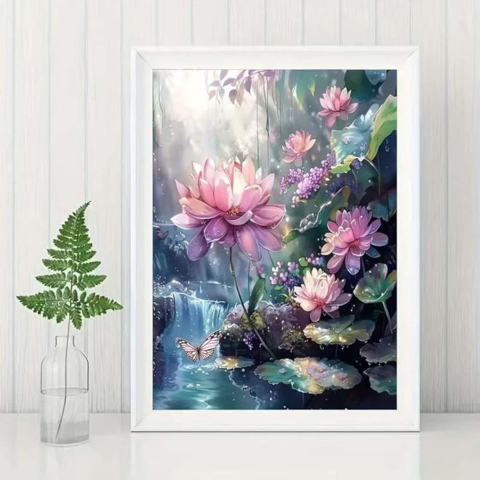 SHICERNHJ 5D Diamond Art Kits for Adults,Lotus Flower Diamond Painting Kits for Beginners,DIY Full Drill Diamond Dots Scenery Paintings with Gem Art Crafts for Adulta Home Decor 12 x 16 inch