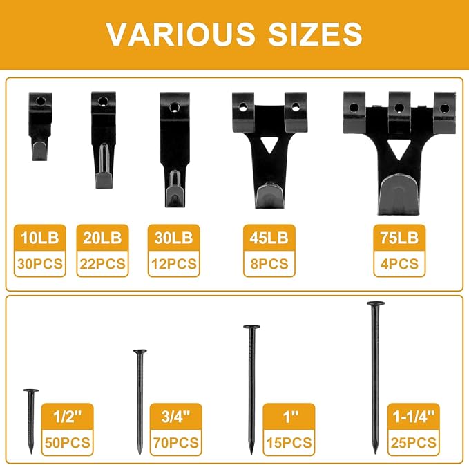 KURUI 303Pcs Picture Hangers for Wall Art Decor Tapestry, Picture Hanging Kit With Heavy Duty Wall Hooks, Sawtooth, Picture Wire, D Rings, Hardware Nails, Eye Hooks, Black Frame Hooks for Drywall Wood