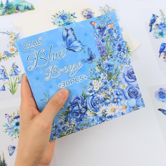 30 Sheets Precut Blue Flower Garden Landscape Stickers Book for Junk Journal Supplies, Transparent PET Stickers for Journaling, Scrapbooking, Bujo, Collage, Card Making