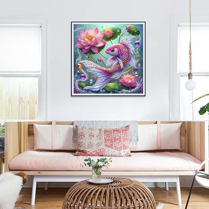 WSLWXSHM Diamond Painting Kits for Adults Fish, Lotus Round Full Drill Diamond Art Kits, 5D DIY Paint with Diamonds Crafts for Home Wall Decoration Gifts 12×12Inch