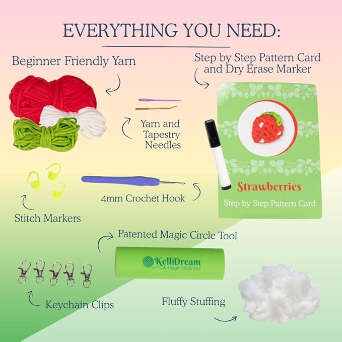 KelliDream Magic Circle Tool Inclusive Learn to Crochet Kit for Beginners; Step-by-Step Video Tutorials; All Supplies to Make Cute Amigurumi(Strawberry Patch)