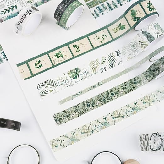Washi Tape Set, 20 Rolls, Plant Botanical Green Washi Tape for Journaling, Decorative Tape for Scrapbooking, Junk Journal Supplies, Bullet Journaling